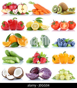 Frutta e verdura raccolta isolati orange apple cavolo pomodori frutta fresca su sfondo bianco Foto Stock