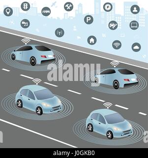 La comunicazione che collega le vetture a dispositivi su strada, quali semafori, sensori o Internet gateway. Rete wireless del veicolo. Smart Auto Illustrazione Vettoriale