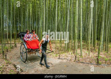 Due giovani donne geisha essere tirato attraverso una foresta di bamboo da ricksha, Kyoto, la regione di Kansai, Giappone Foto Stock