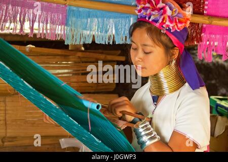 Giovane ragazza dell'Padaung lungo collo della tribù della collina, Tha Ton, Chiang Mai Provincia, Thailandia. Foto Stock