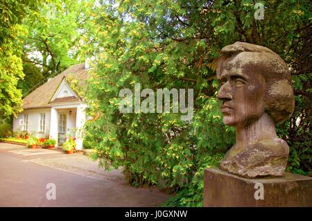 Frederic Chopin busto di pietra arenaria di Stanislaw Sikora presso Chopin Museum di Zelazowa Wola, Mazovia, Polonia. Foto Stock