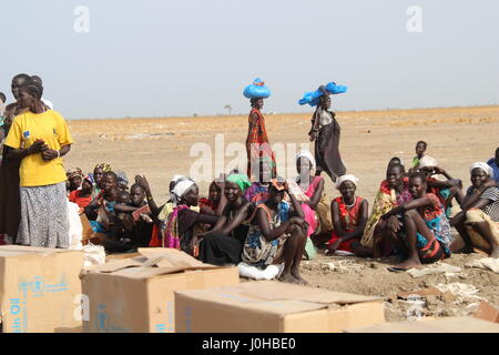 Ganyliel, Sud Sudan. 24 Mar, 2017. Le donne in attesa in fila per ricevere il loro cibo mensile razione di aiuto dalla Welthungerhilfe (lit. La fame nel mondo Aiuto) in Ganyliel, sud Sudan, 24 marzo 2017. Essa si trova nel sud dello Stato sudanese di unità, la regione più colpita dalla carestia nel paese. Foto: Jürgen Bätz/dpa/Alamy Live News Foto Stock