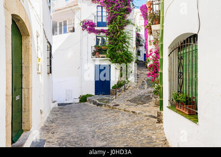 Dipinto di bianco coperto di bougainvillea edifici e città vecchia selciati della città di Cadaques, Costa Brava, Spagna Foto Stock