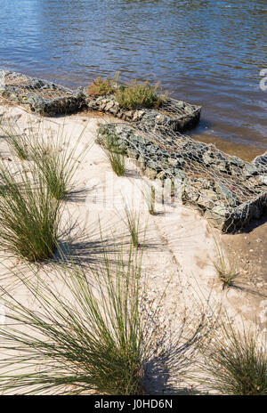 Pietra di riprap riempito gabbione gabbie per banca del fiume stabalisation ambientale lungo la foreshore Perth, Western Australia Foto Stock