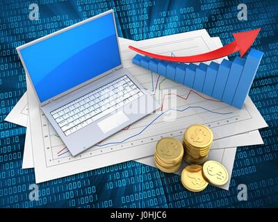 3d illustrazione del diagramma di carte e computer su sfondo digitale con la freccia grafico Foto Stock