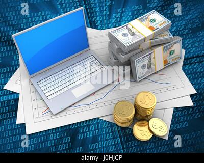 3d illustrazione del diagramma di carte e computer su sfondo digitale con il denaro Foto Stock