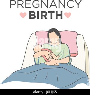 La donna in un letto di ospedale mentre tiene il suo Figlio neonato / figlia dopo la nascita Illustrazione Vettoriale
