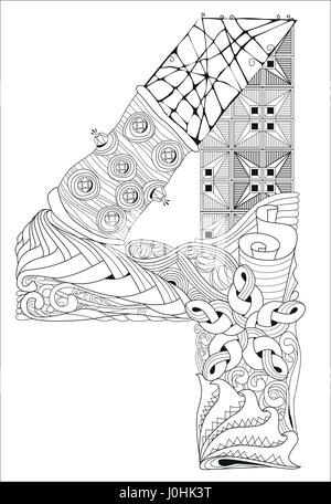 Numero quattro Zentangle. Vettore oggetto decorativo Illustrazione Vettoriale