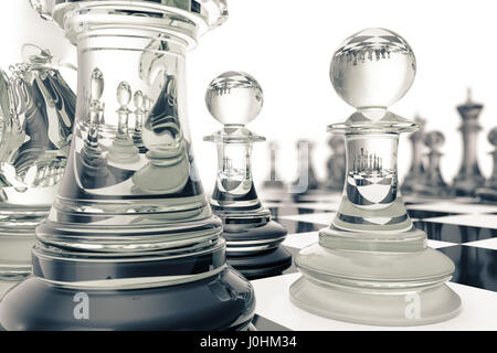 Set di scacchi, vittoria, vetro trasparente figure, su una scacchiera, rendering 3D Foto Stock