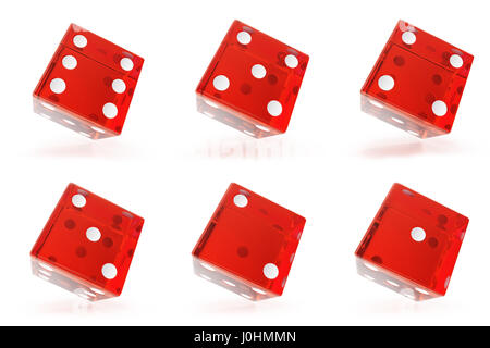 Impostare, gruppo di rosso trasparente dadi isolato su sfondo bianco con ombre. Il rendering 3D Foto Stock
