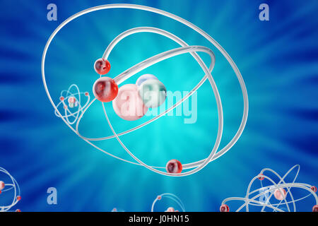 Atomo di astratta sfondo, modello di chimica della molecola. atomi ed elettroni. Concetto di fisica, rendering 3d. Foto Stock