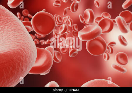 Le cellule rosse del sangue: responsabile per il trasporto di ossigeno al di sopra, regolamento il pH del sangue, un alimento e la protezione delle gabbie di un organismo. Il rendering 3D Foto Stock