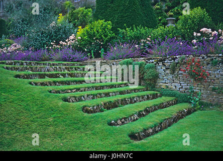 Fasi di erba con una bordatura di fiori che crescono lungo la terrazza nel south lawn a Misarden Park Foto Stock