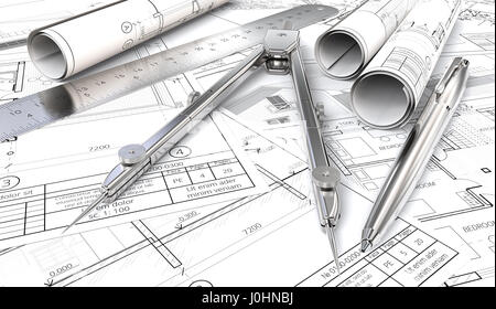 Generico progetti architettonici, disegni e schizzi. Rotoli di carta, Righello penna e il divisore di metallo. 3D render. Foto Stock