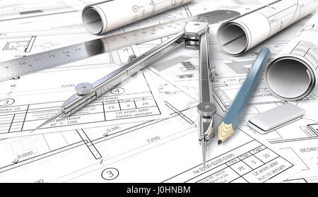 Casa architettonico blueprint , disegni e schizzi. Rotoli, Righello matita, Eraser e divisore di metallo. Profondità di campo, 3D render. Foto Stock