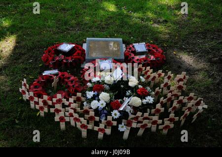 La Birmania Star Memorial, Bowling green, , Stevenage Hertfordshire, eretto in memoria dei compagni caduti dal nord Herts Birmania Associazione Star Foto Stock