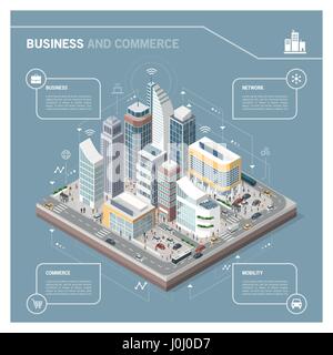 Vettore isometrica in città con grattacieli, persone, strade e veicoli commerciali e la zona business Una infografica con icone Illustrazione Vettoriale