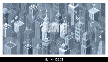 Smart City con i moderni grattacieli: essi sono il collegamento alla rete internet, condivisione di dati e servizi on line Illustrazione Vettoriale