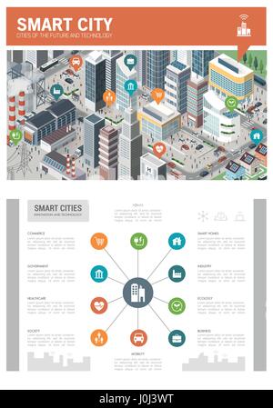 Innovative isometrica smart city Una infografica con perni e icone: sviluppo urbano, la sostenibilità e il concetto di tecnologia Illustrazione Vettoriale