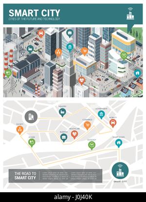Innovative isometrica smart city Una infografica con perni e mappa concettuale: sviluppo urbano, la sostenibilità e il concetto di tecnologia Illustrazione Vettoriale
