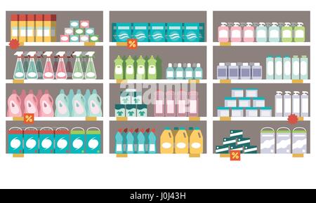 Prodotti per la casa, detergenti e offerte su scaffali supermercato Illustrazione Vettoriale