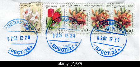 Il GOMEL, Bielorussia, Aprile 11, 2017. Timbro stampato in Bielorussia mostra immagine del Narciso hybridus, Tulipa gesneriana e Lilium hybrida , circa 2008. Foto Stock