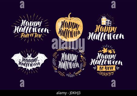Happy Halloween, set di etichette. Simbolo di vacanza o di un logo. Lettering, calligrafia illustrazione vettoriale Illustrazione Vettoriale