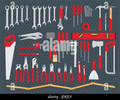 Strumenti di lavoro impostato su sfondo bianco. La riparazione e costruzione di raccolta degli strumenti. Do it yourself progetto. Isolato illustrazione vettoriale Illustrazione Vettoriale