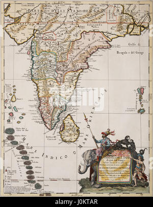 In India e Ceylon e le Maldive, handcolored incisione su rame, mappa storica di Giacomo Cantelli da Vignola, pubblicato in Foto Stock