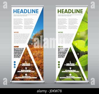 Set di Verticali roll up banner con design triangolare di elementi di immagine e testo. Un modello per brochure in con un paesaggio di colore arancione e verde fogliame. Illustrazione Vettoriale