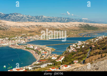 Vista in elevazione sulla citta di Pag, isola di Pag , Croazia Foto Stock