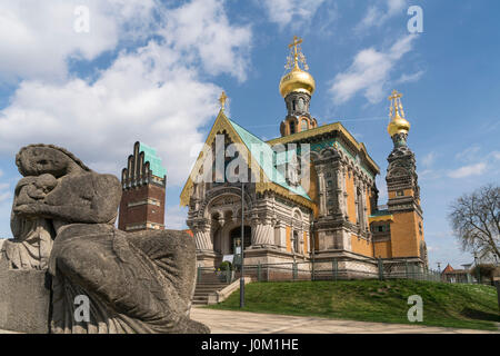 Russische Kapelle und Hochzeitsturm auf der Mathildenhöhe, Darmstadt, Assia, Deutschland | Cappella russa e torre di nozze in Mathildenhöhe in Darm Foto Stock