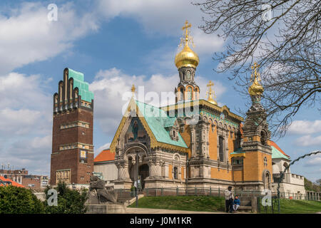 Russische Kapelle und Hochzeitsturm auf der Mathildenhöhe, Darmstadt, Assia, Deutschland | Cappella russa e torre di nozze in Mathildenhöhe in Darm Foto Stock