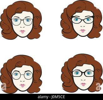 Vettore di grande serie di diverse donne nel quartiere alla moda di modelli di occhiali Illustrazione Vettoriale