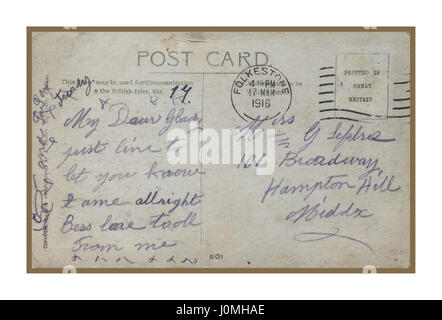 Poignant Guerra Mondiale 1 cartoline inviate last minute nel 1916 da Folkestone dal soldato britannico in rotta per combattere in Francia Foto Stock