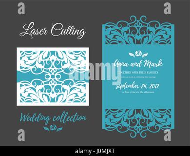 Modello per il fai da te per il taglio laser. Apri scheda. Lato anteriore e posteriore. vettore può essere usato come una busta. Wedding fustellate invito . Silhouette di esclusione mockup Illustrazione Vettoriale