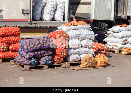 Samara, Russia - 26 settembre 2015: ortaggi freschi pronti per la vendita al mercato degli agricoltori Foto Stock