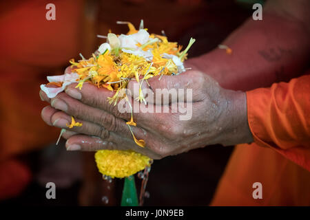 Nakhon Nayok, Thailandia. Xiv Apr, 2017. Gli abitanti di un villaggio di dare i monaci locali una benedizione di acqua durante il secondo giorno del Songkran 2017 in Nakhon Nayok, Thailandia Credito: Lee Craker/Alamy Live News Foto Stock