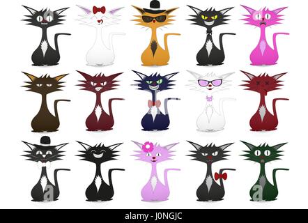 Cool - Funny, arrabbiato, incantevoli, pigro e incapace, colorati cat mascotte. Illustrazione Vettoriale