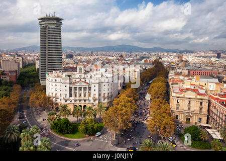 Città del paesaggio urbano di Barcellona con Las Ramblas - La Rambla street e Boulevard, vista in elevazione. Foto Stock
