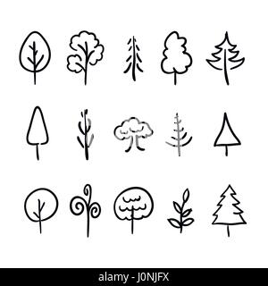 Grande set di carino disegnati a mano icone moderne di alberi e piante Illustrazione Vettoriale