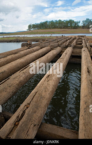 Legnami ponte esposto in dam dopo i livelli delle acque si abbassarono Foto Stock