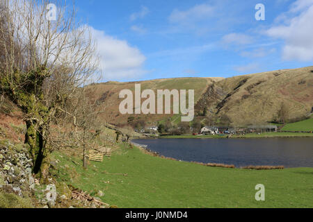 Vista di Watendlath Tarn nel Lake District inglese, Cumbria, Inghilterra dal sentiero al Dock Tarn, a sinistra è un albero pollarded. Foto Stock