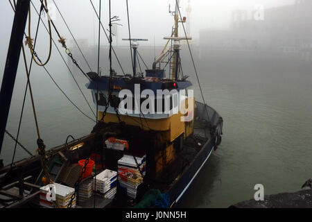 La pesca in barca nel porto su un nebbioso giorno a Oostende Foto Stock