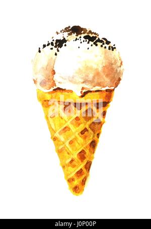 Il gelato in un cono di cialda. Illustrazione ad acquerello Foto Stock