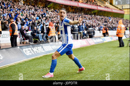 Anthony Knockaert di Brighton festeggia dopo aver segnato il primo goal nella prima metà durante il cielo di scommessa match del campionato tra Wolverhampton Wanderers e Brighton e Hove Albion a Molineux a Wolverhampton. Aprile 14, 2017. Solo uso editoriale FA Premier League e Football League immagini sono soggette a licenza DataCo vedere www.football-dataco.com Foto Stock