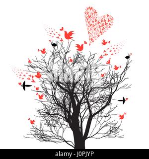 Bright graphic design albero con contentissimo uccelli e cuori su bianco Illustrazione Vettoriale