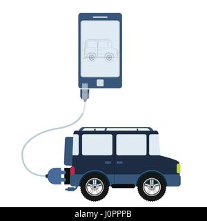 4x4 car collegato ad un telefono cellulare tramite un cavo USB. Profilo dell'auto viene mostrato sul monitor mobile. Design piatto. Isolato. Illustrazione Vettoriale