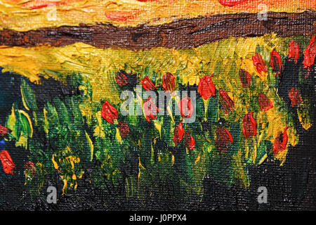 Sfondo astratto di vernici a olio. Tulipani fiori ed erba verde in primo piano. Grandi tratti di pennello. Tripudio di colori. Transizioni di colore. Impressio Foto Stock