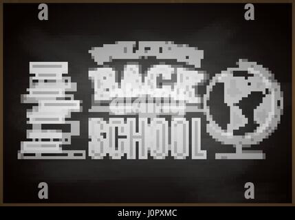 Benvenuti Torna a scuola Lavagna Sfondo, illustrazione vettoriale. White chalk lettering con libri e globe Illustrazione Vettoriale